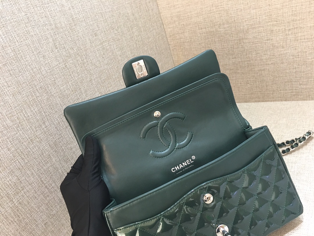 Medium Classic Flap Patent Leather Bag AO1112 Green/Silver